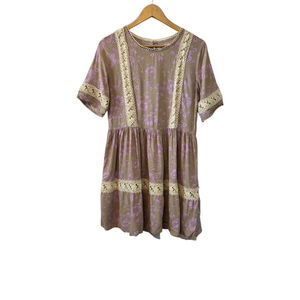 SUNDAY MI ARMOR Dusty Pink Eyelet Lace Trim Short Sleeve Mini Dress M